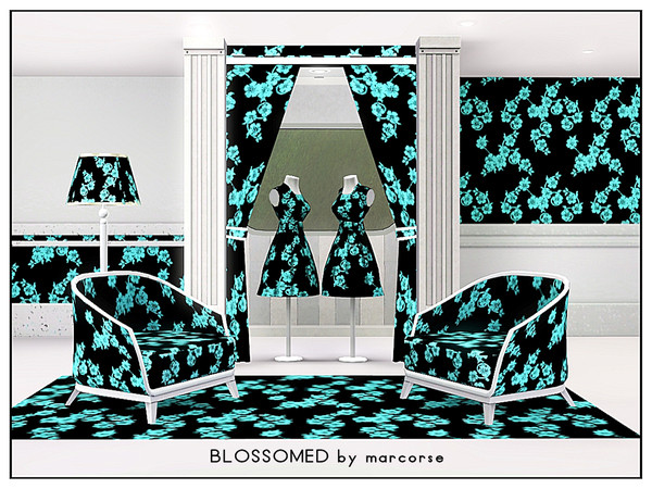 Sims 3 — Blossomed_marcorse by marcorse — Fabric pattern: bright aqua blossoms on black.