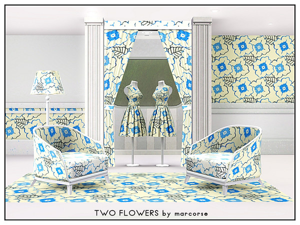 Sims 3 — Two Flowers_marcorse by marcorse — Fabric pattern: stylised blue and white flowers and a single leaf in a dense