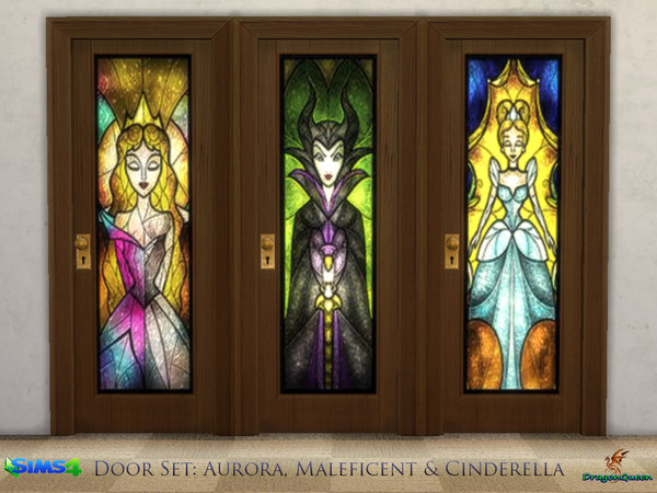 Sims 4 — Door Set: Aurora, Maleficent & Cinderella by DragonQueen — A set of wood doors, in four frame colors, with