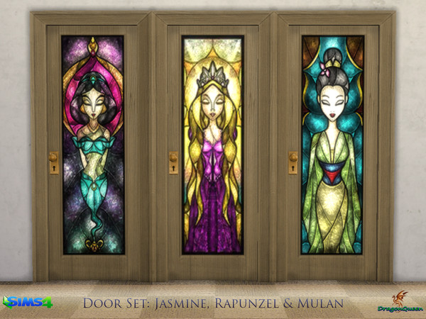 Sims 4 — Door Set: Jasmine, Mulan & Rapunzel by DragonQueen — A set of wood doors, in four frame colors, with stained