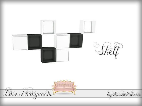 Sims 4 — Lina Livingroom - Shelf by ArwenKaboom — Black and white shelf with slots. 