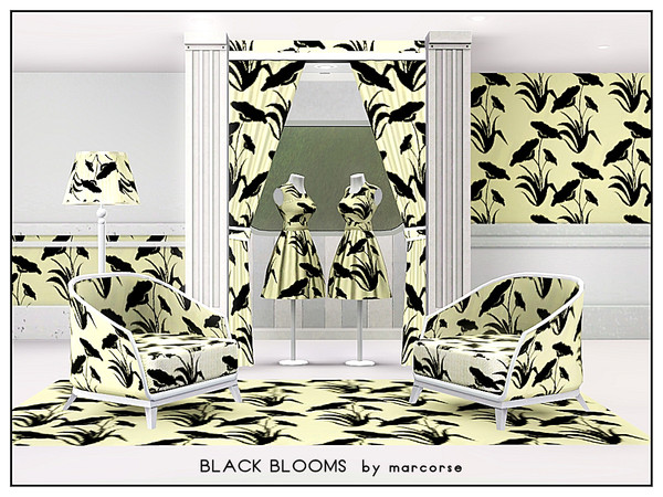 Sims 3 — Black Blooms_marcorse by marcorse — Fabric pattern: flower silhouettes on creamy yellow