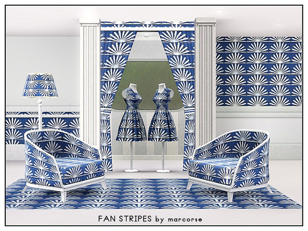 Sims 3 — Fan Stripes_marcorse by marcorse — Abstract pattern: blue and white 'rising sun' fan shapes in horizintal