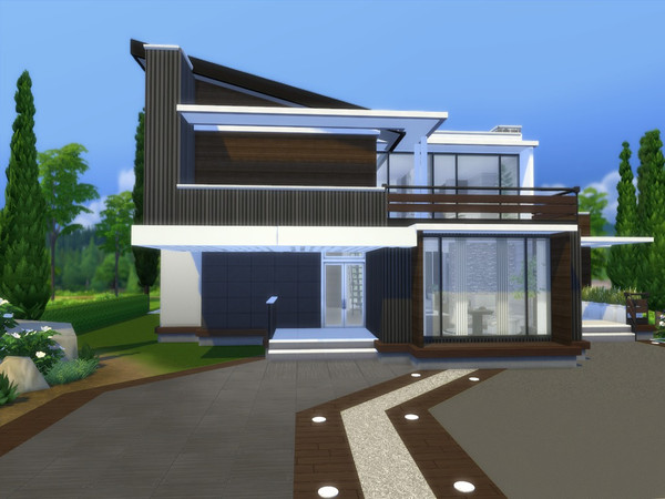 Sims 4 — Modern Luxe by Suzz86 — Modern Home featuring open kitchen with dining area,and livingroom with fireplace. 2
