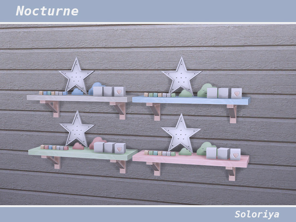 Sims 4 — Nocturne Decorative Shelf v2 by soloriya — Decorative shelf with many deco items. Part of Nocturne set. 4 color