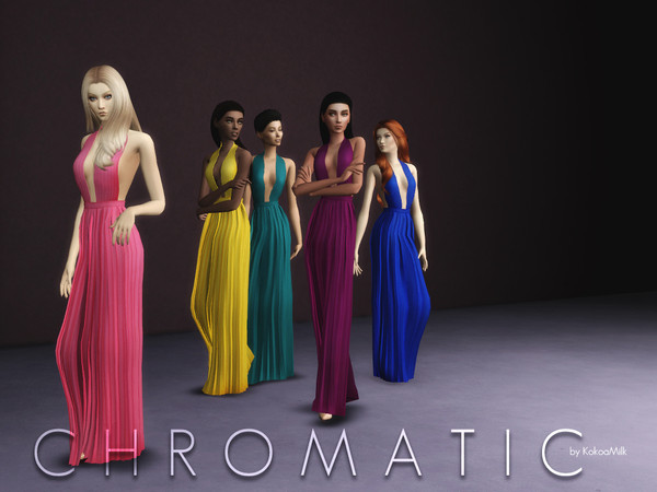 Sims 4 — CHROMATIC LONG DRESS - mesh needed by KokoaMilk2 — AN ELEGANT LONG DRESS IN 9 VIBRANT SHADES CHROMATIC is
