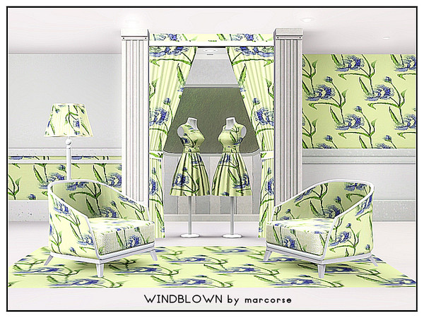 Sims 3 — Windblown_marcorse by marcorse — Fabric pattern: windblown field flower in blue and green on yellow