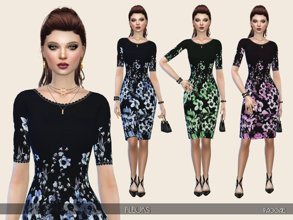 Sims 4 — Fleurs by Paogae — Classic nice dress, black background and floral pattern in three colors, short sleeves,