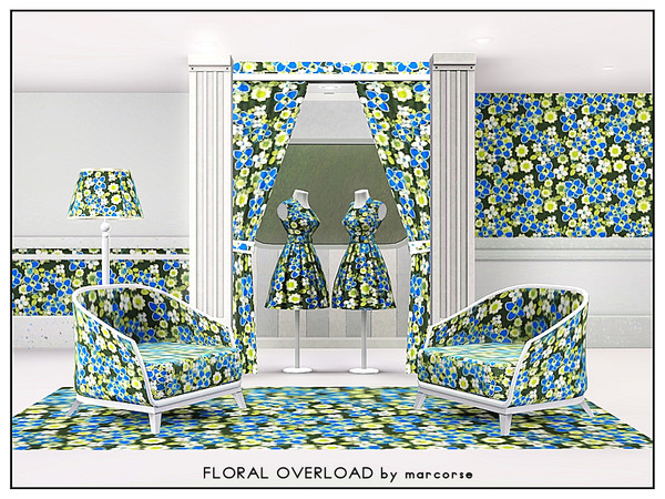 Sims 3 — Floral Overload_marcorse by marcorse — Fabric pattern: bright blue flowers floating over yellow/green and white
