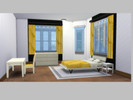 Sims 4 — Sunny Bedroom by Syanrises — A modern bedroom with white furniture and yellow accents. REQUIRES DINE OUT AND