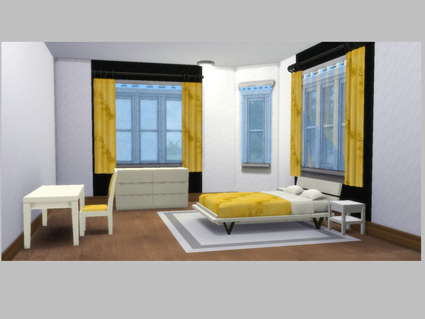 Sims 4 — Sunny Bedroom by Syanrises — A modern bedroom with white furniture and yellow accents. REQUIRES DINE OUT AND
