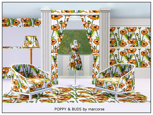 Sims 3 — Poppy & Buds_marcorse by marcorse — Fabric pattern - bright orange poppy flowrs, buds and stems.