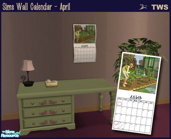 Sims 2 — Wall Calendar - April by wildstar24 — Folding wall calendar for April. Picture features Sim gardening.