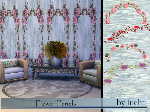 Sims 4 — Flower Panels by Ineliz — Wall pattern with flower ornament. There are 5 variations of flowers and a base wall.