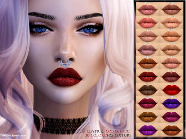 Sims 4 — LIPSTICK - Color Chic by ANGISSI — base game 20 colors HQ texture Works with all skins Custom CAS image