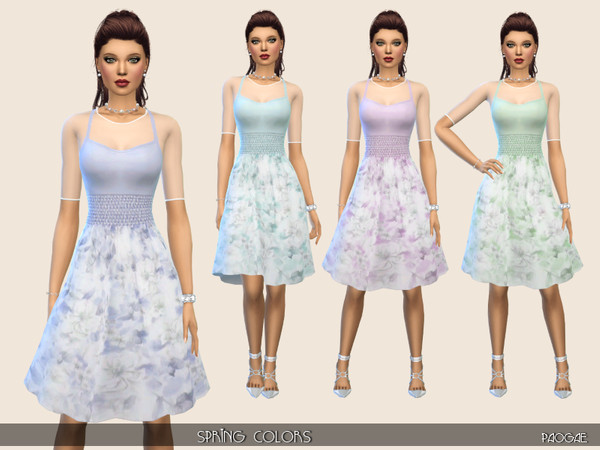 Sims 4 — SpringColors by Paogae — Delicate dress in four pastel colors, floral skirt, shirred waist, transparent top and