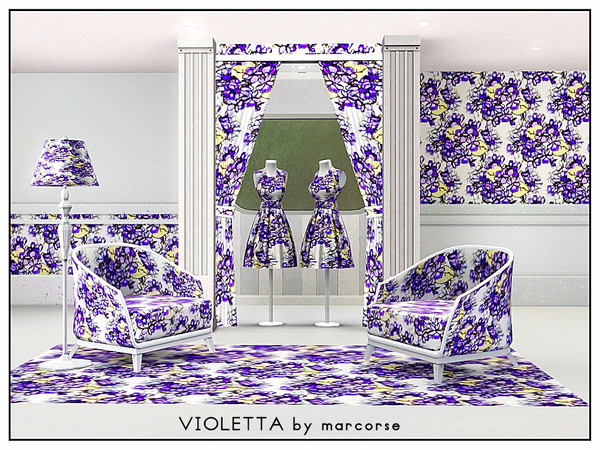 Sims 3 — Violetta_marcorse by marcorse — Fabric pattern - purple violsets on white, with yellow accents.