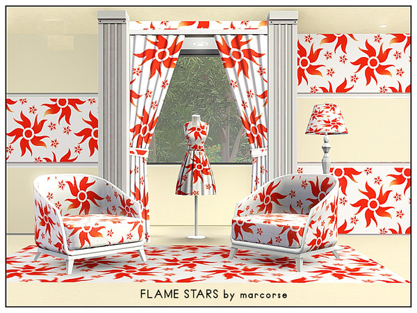 Sims 3 — Flame Stars_marcorse by marcorse — Abstract pattern: stylised flame star shapes in red on white