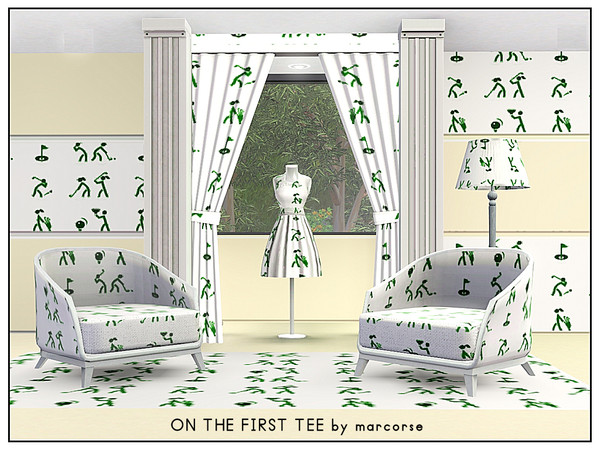 Sims 3 — On the First Tee_marcorse by marcorse — Themed pattern: green on white, stick figures in various golfing poses
