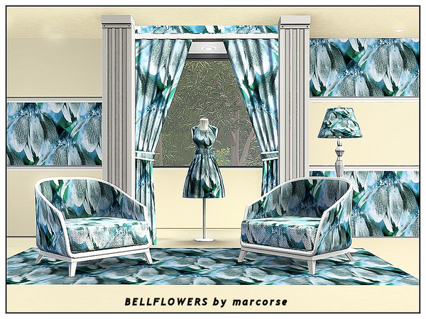 Sims 3 — Bellflowers__marcorse by marcorse — Fabric pattern: allover repeat of a single bellflower in aqua, teal and blue