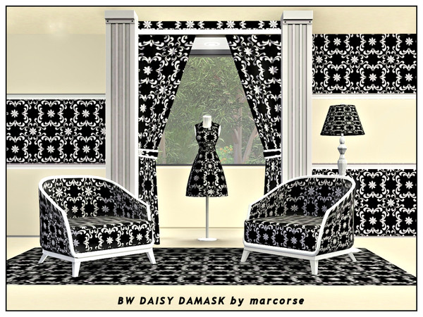 Sims 3 — BW Daisy Damask_marcorse by marcorse — Fabric pattern: white damask-style motifs with daisy centres on black