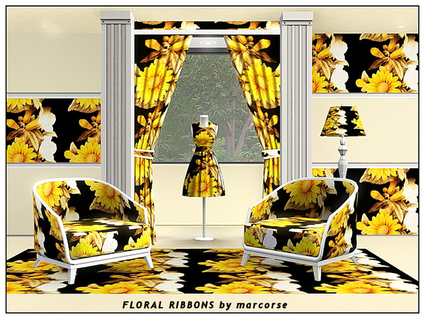 Sims 3 — Floral Ribbons_marcorse by marcorse — Fabric pattern: vertical ribbons of flowers -yellow daisies and white