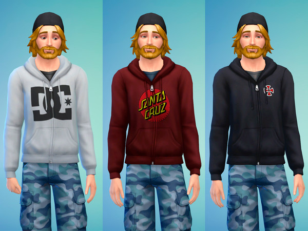 Sims 4 — Male Skate Hoodies by Bocasecaman — Set of 3 Zip Up Hoodies for males. 3 different colors for 3 different