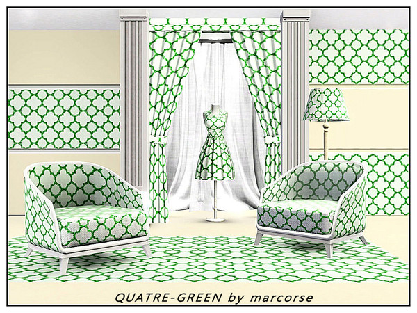 Sims 3 — Quatre_Green_marcorse by marcorse — Geometric pattern: quatrefoil design in green on white