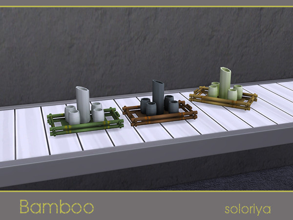 Sims 4 — Bamboo Tea Mini Set by soloriya — Four cups and a jug on a tray. 3 color variations. Part of Bamboo set.