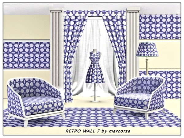Sims 3 — Retro Wall7_marcorse by marcorse — Fabric pattern: retro wallpaper design in shades of blue on white.