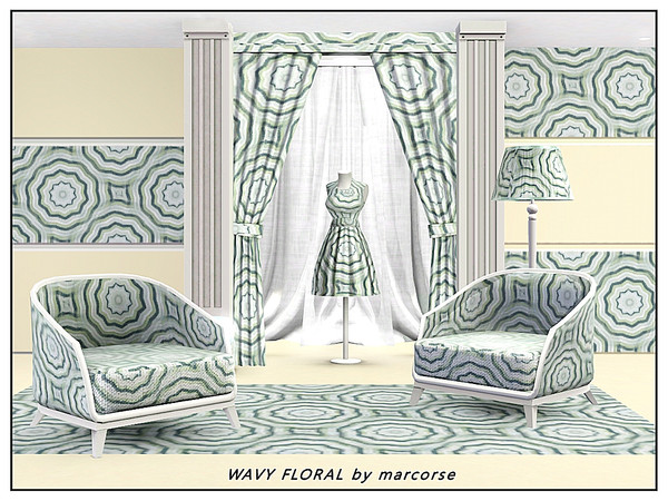 Sims 3 — Wavy Floral_marcorse by marcorse — Abstract pattern: wave edged flower shapes in navy blue, green and white
