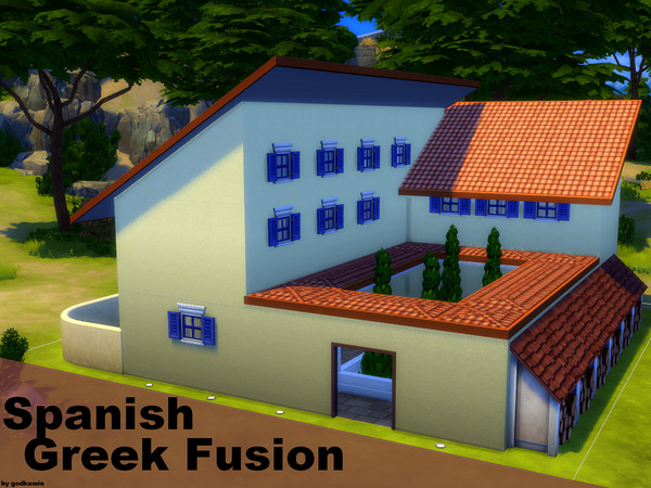 Sims 4 — Spanish-Greek Fusion NO CC by godkamia — A Spanish-Greek style fusion house. The entrance to the house is