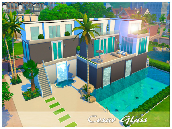 Sims 4 — Cesar Glass (No CC) by kaito_nikura — Spacious modern house with pool and waterfalls! It has 3 bedrooms (1 is