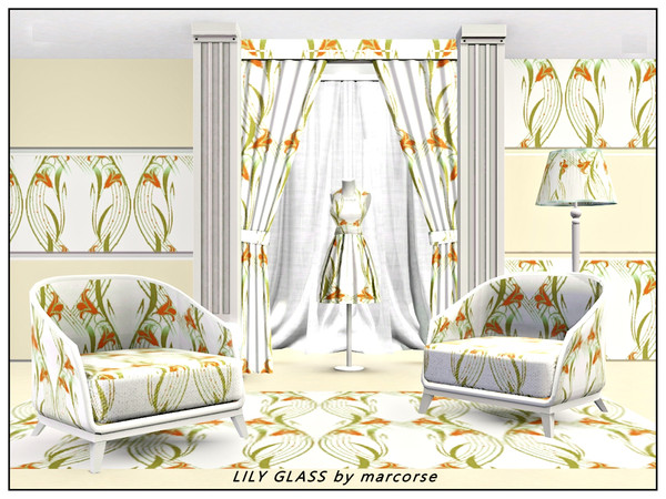 Sims 3 — Lily Glass_marcorse by marcorse — Abstract pattern: 'hourglass' lilies and leaves in orange and green on white.
