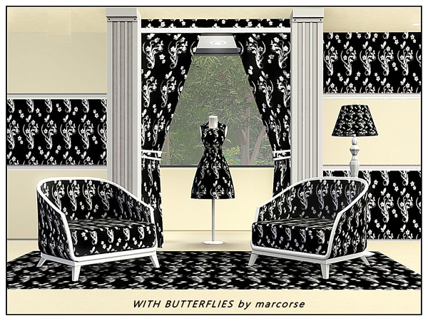 Sims 3 — With Butterflies_marcorse by marcorse — Fabric pattern: monochrome black and white floral design with