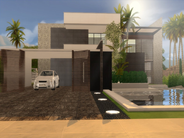 Sims 4 — Modern Ophelia by Suzz86 — Modern Home featuring kitchen with breakfast bar ,dining area,and livingroom. 2