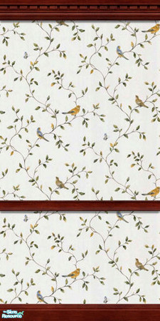 Sims 2 — Birds and Vines - DW CrChK by merdj — Birds and Vines wallpaper with dark wood crown molding, chair rail and