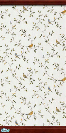 Sims 2 — Birds and Vines - DW - CrK by merdj — Birds and Vines wallpaper with dark wood crown molding and kickboard.