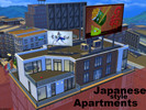 Sims 4 — Japanese Style Apartments NO CC by godkamia — 3 similarly colored but differently styled and sized japanese
