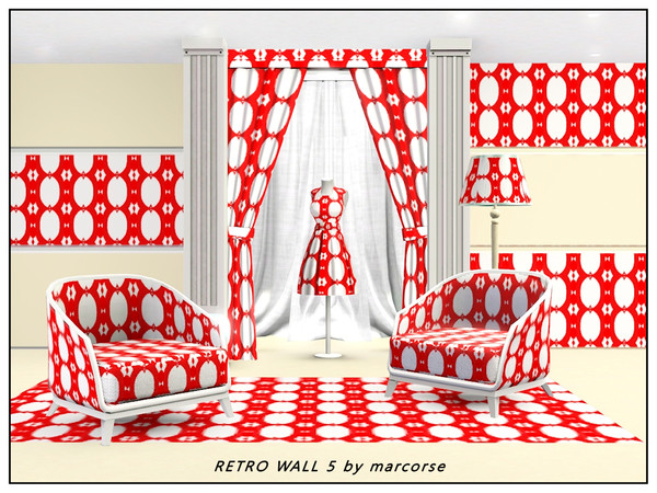 Sims 3 — Retro Wall5_marcorse by marcorse — Fabric pattern - linked frames in a red and white retro wallpaper design