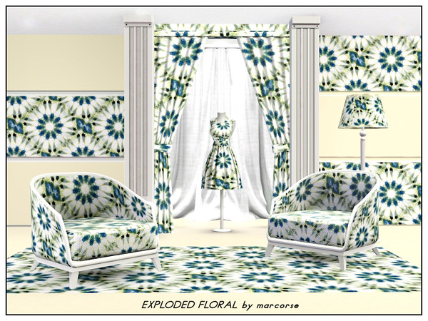Sims 3 — Exploded Floral_marcorse by marcorse — Abstract pattern: flower shapes in an exploded design in blue, yellow and