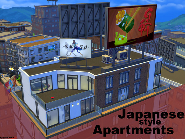 Sims 4 — Japanese Style Apartments NO CC by godkamia — 3 similarly colored but differently styled and sized japanese