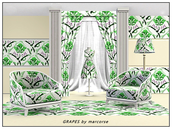 Sims 3 — Grapes_marcorse by marcorse — Fabric pattern: stylised grapes, leaves and branches in green and purple.