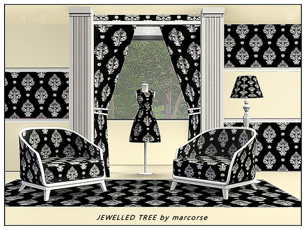 Sims 3 — Jewelled Tree_marcorse by marcorse — Fabric pattern: black and white jewelled tree brooch and stars in a regular