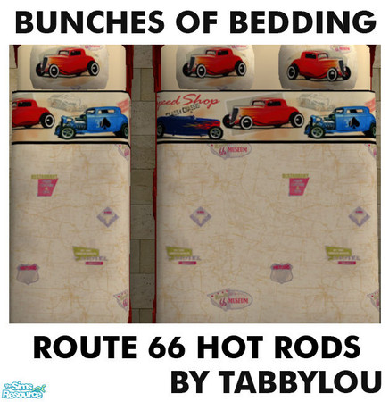 Sims 2 — TL - Kids Bedding Route 66 Hot Rods by TabbyLou — Hot Rod Cars on Route 66 bedding. Enjoy!