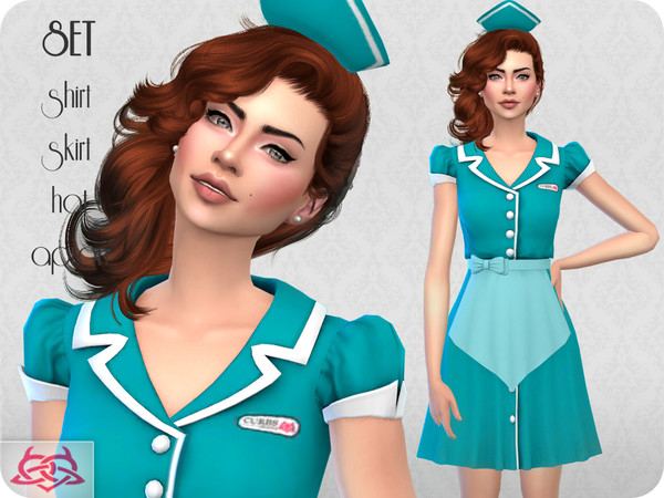 Sims 4 — Waitress SET RECOLOR 1 (Needs mesh) by Colores_Urbanos — This set contains RECOLORS a shirt, skirt, hat and