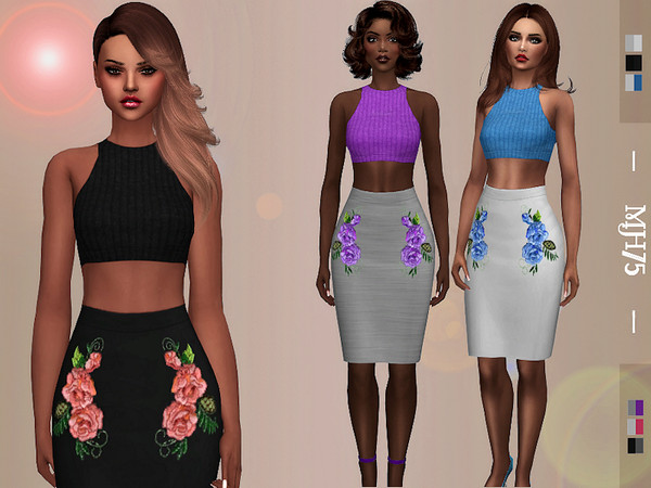 Sims 4 — S4 Karima Outfit [Top/Skirt] by Margeh-75 — -ribbed crop top and high waist pencil skirt with rose embellishment