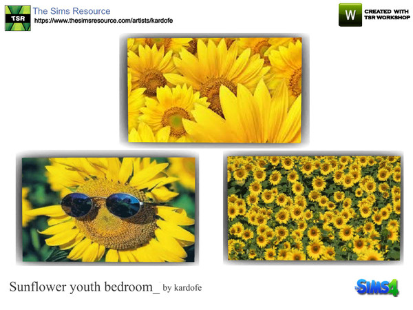 Sims 4 — kardofe_Sunflower youth bedroom_Pictures by kardofe — Canvas with cheerful images of sunflowers, in three