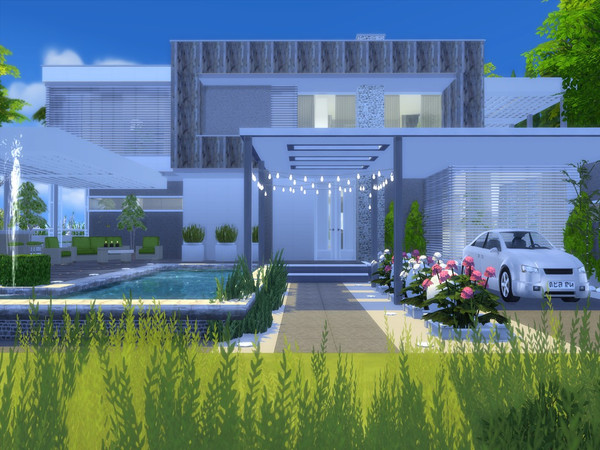 Sims 4 — Nalia by Suzz86 — Modern Home featuring kitchen with breakfast bar,dining area with fireplace,and livingroom. 3