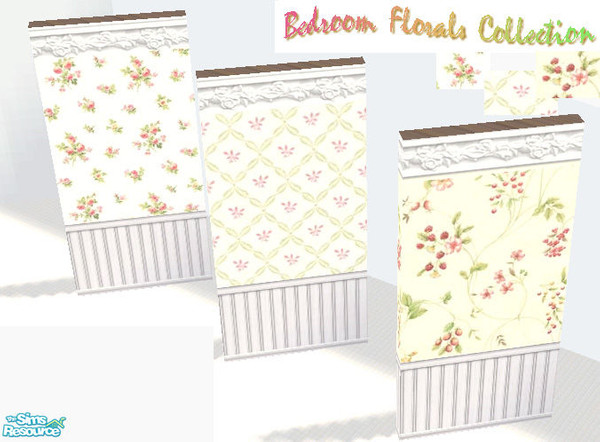 Sims 2 — Bedroom Florals Collection by okadoka — Soft Floral Prints with Rose Crown Molding and Wainscoting